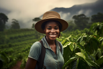 african coffee grower in a coffee plantation smiling..