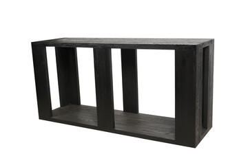 Modern dark gray console table with open shelving for living room furniture on transparent background