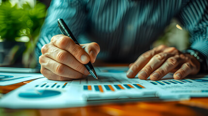A person's hand with a pen pointing at key points in comprehensive financial charts, analyzing business performance.

