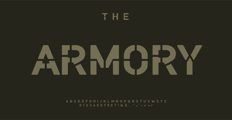 Military stencil alphabet, armory letter set, combat font for striking logo, impactful headline, tactical typography, bold typographic identity. Vector typeset.