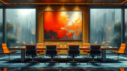 Contemporary boardroom with sleek design, orange chairs, and a large abstract painting in a corporate office setting.
