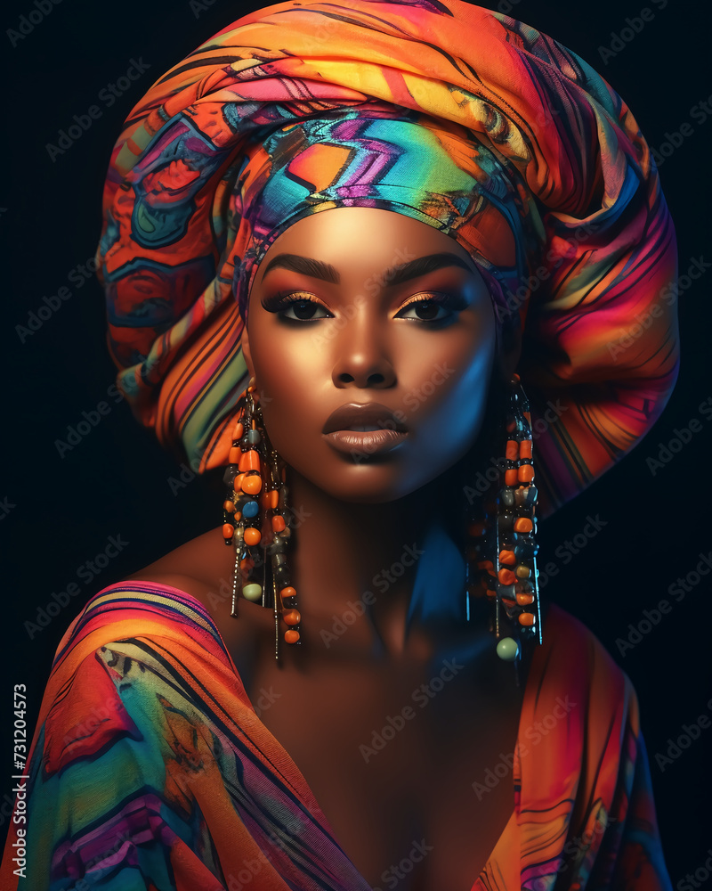 Wall mural Portrait of a beautiful black woman with colorful outfit.