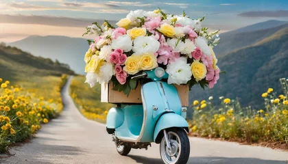 Foto op Plexiglas Cute blue moped with a lush bouquet of flowers on the road among flower fields. Romantic flower delivery. © Omega