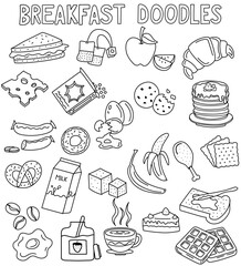 Set of hand drawn food doodles with editable stroke. Collection of breakfast doodles icons for printing, business, UI, web, mobile, video games. Vector illustration with lettering