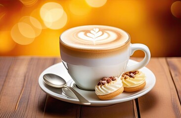 A cup of coffee cappuccino with some candies or sweets.