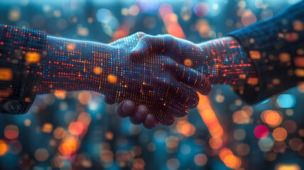 Two hands engaging in a handshake overlaid with digital graphics, set against a backdrop of vibrant city lights.
