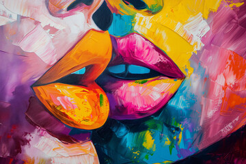 Painting for the interior. Women's lips are painted on canvas.