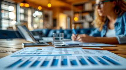 Focused businesswoman reviewing detailed financial reports on a wooden office desk with a blurred background.
 - obrazy, fototapety, plakaty