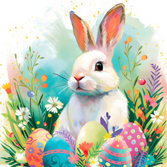 Craft an Easter card featuring a cute bunny, festive eggs, and a burst of springtime happiness. Use it for sending warm holiday wishes Generation AI,