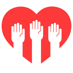 Illustration of a volunteer hand with a red heart on a white background.