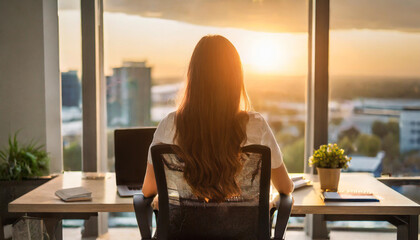 woman with long hair sits confidently in office chair, symbolizing business success and female empowerment