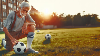A senior man takes a break on a soccer field during a warm, sunny evening, with soccer balls around him.
