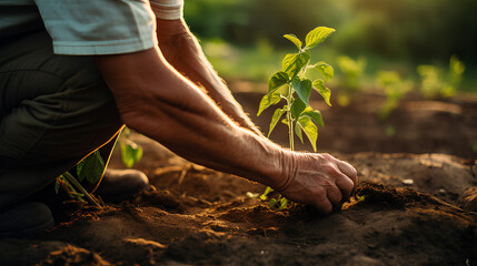 Farmer's hands planting tomato seedlings.