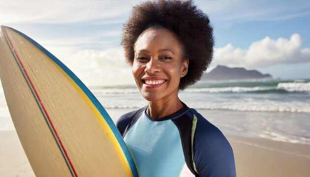 Middle-aged woman holding a surfboard on a beach, radiating vitality