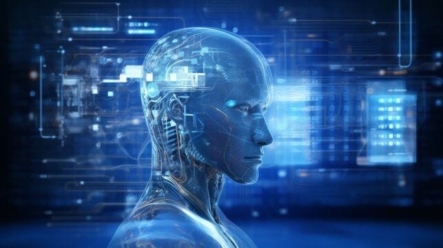 The future vision of humanity. AI is the person of the future. AI Artificial Intelligence Robot Head with digital graphic Brain Engine inside.