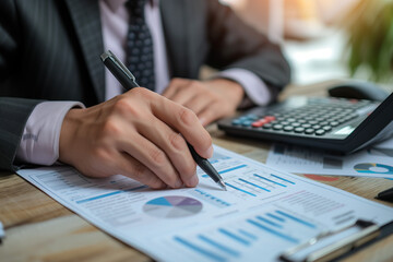 Fototapeta premium Accountant professional working on desk using calculator and analyzing financial report papers