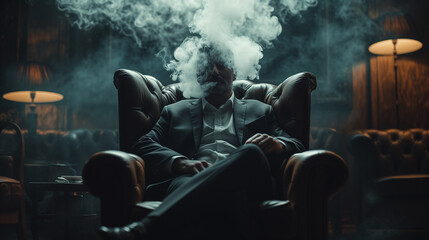 A man in a black suit sits in a leather chair in a dark sitting room, cigarette smoke forming a...