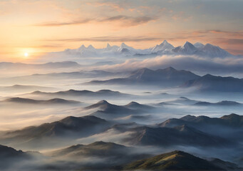 Misty layered mountains in sunrise