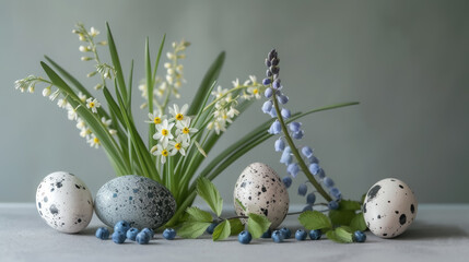 Obraz premium spring bouquet of lilies of the valley, forget-me-nots, hyacinths, muscari, daffodils, composition of Easter eggs, minimalism, studio, modern product photo, holiday, place for text, symbol, religious