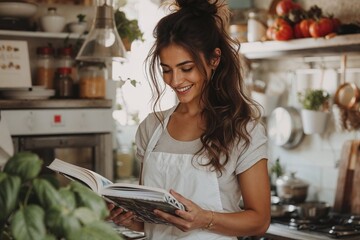 Happy female chef exploring recipes in Cookbook at home kitchen