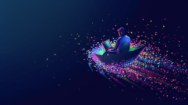 Big data analytics visualization technology with a scientist in a boat analyzing and structuring an ocean of information. Data mining, artificial intelligence, machine learning, business analytics