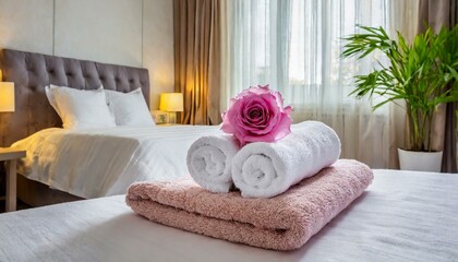 Clean towels rolled up on the bed in a bright hotel room