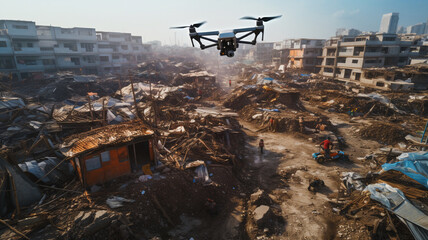 A drone flying over a devastated area with makeshift buildings, rubble, and scattered debris, contrasting with distant modern skyscrapers. - obrazy, fototapety, plakaty