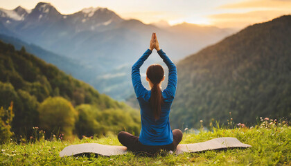 woman in silhouette practicing yoga against mountain backdrop - Powered by Adobe