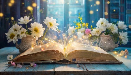 Open magic book with beautiful flowers and magical light from it on a table in a blue room