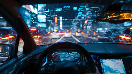 Nighttime Drive Through Busy City Streets with Futuristic HUD AR Display on Car Windshield