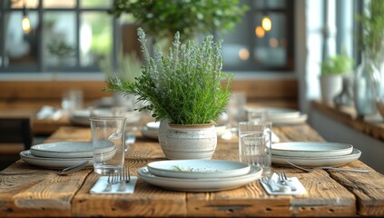 A rustic wooden dining table adorned with delicate porcelain dinnerware and a vibrant houseplant in a ceramic vase, creating a charming indoor centrepiece - Powered by Adobe