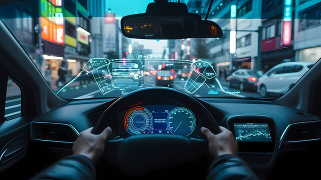 Nighttime Drive Through Busy City Streets with Futuristic HUD AR Display on Car Windshield