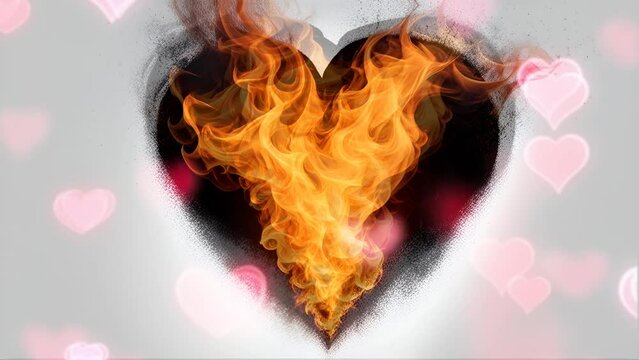 fire flame heart shape isolated on black background, flame loving heart broken from love with a crack on a black background