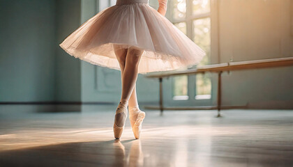 ballerina with slender legs en pointe, gracefully poised in a pastel-hued dance studio