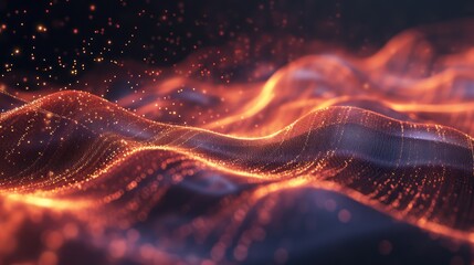 Digital illustration showcasing dynamic waves accompanied by flowing and glowing particles.