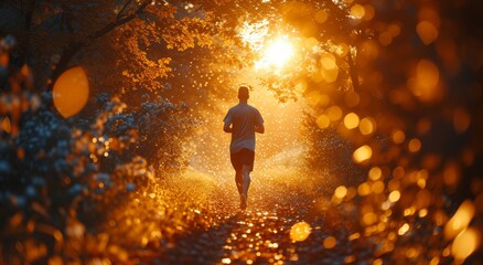 A fiery trail runner chases the setting sun through the amber-tinged forest, basking in the heat and light of the outdoor world at night