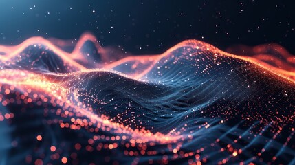 Digital illustration showcasing dynamic waves accompanied by flowing and glowing particles.