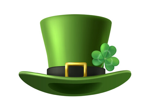 3d realistic vector icon illustration.  Green leprechaun hat with clover shamrock on it. Isolated on white background.