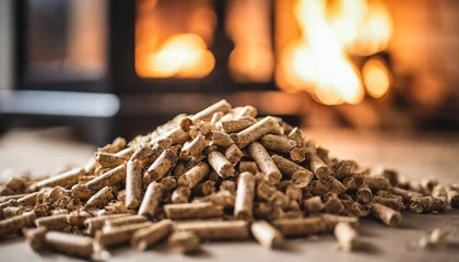 Rolgordijnen wood pellets for stove, symbolizing warmth and sustainability indoors © Your Hand Please