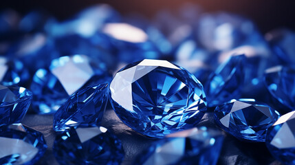 Blue diamonds Gem placed on reflection background,  blue background, soft focus