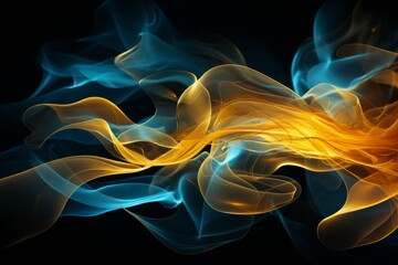 Abstract yellow blue Smoke on solid black Background. Abstract flowing steam of air humidifier with swirl