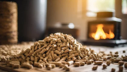 Keuken spatwand met foto  wood pellets for stove, symbolizing warmth and sustainability indoors © Your Hand Please
