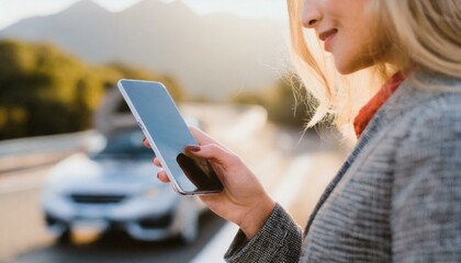 Close up hand of woman using a mobile phone call a car mechanic because car was broken