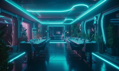 Foto op Aluminium Neon cyber eatery lunchroom background. Blank 3d purple cafe snack bar room with served tables and chairs with glowing windows © Kyryl