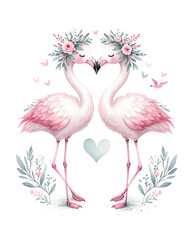 Romantic Flamingos with Floral Crowns Illustration