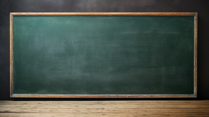 Empty wooden table clean green chalkboard уьзен ьщслгз on a dark wall in a classroom setting, suggesting a space for education, learning announcements.