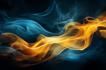 Abstract yellow blue Smoke on solid black Background. Abstract flowing steam of air humidifier with swirl