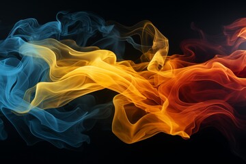 Abstract yellow blue Smoke on solid black Background. Abstract flowing steam of air humidifier with swirl