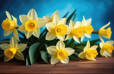 Fototapeta na wymiar St. Davids Day, International Womens Day, Mothers Day, spring flowers, bouquet of yellow daffodils, blue background, wooden table