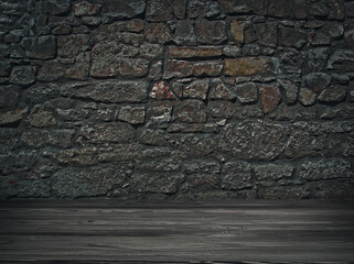 Stone brick walls and wooden floor for mock up. Rustic old wooden planks, shelf or table surface. Empty room background for product displaing and copy space for text